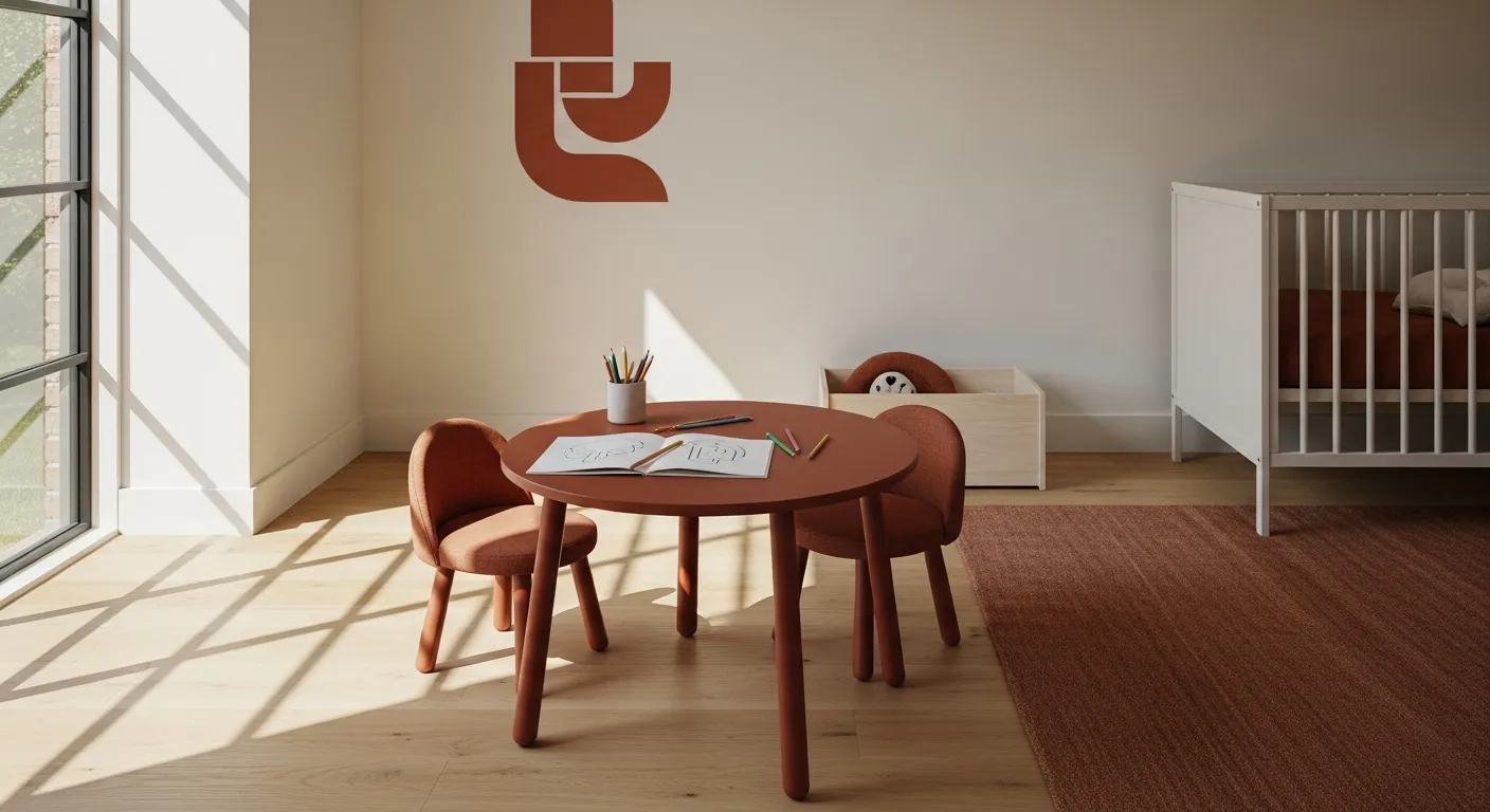 A minimalist nursery showcasing a warm rust color palette, featuring a cozy table and chairs, a crib, and natural light.