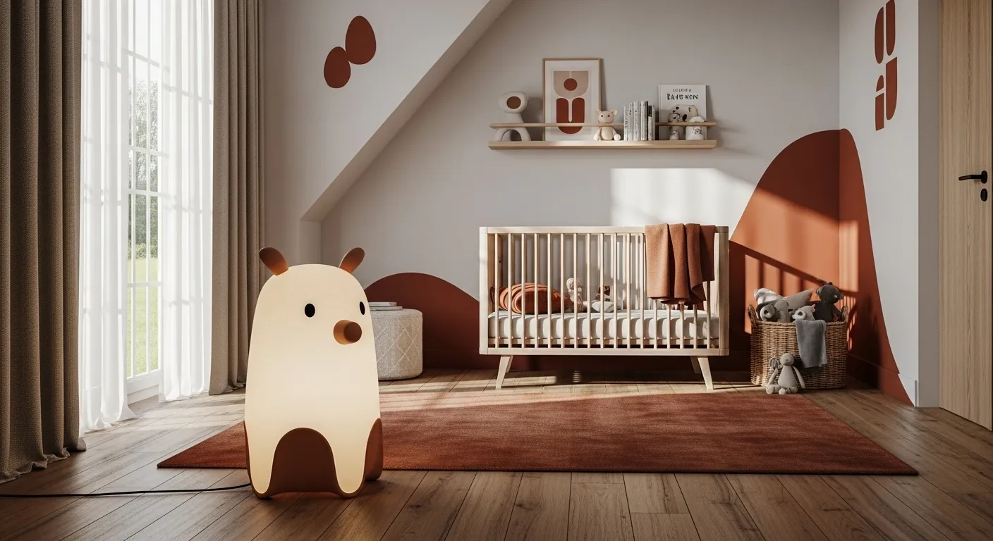 A minimalist nursery with rust color palette, featuring a crib, bear lamp, and warm decor.