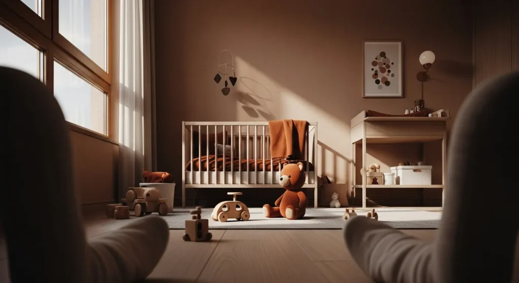 A serene minimalist nursery styled in warm rust tones, featuring wooden furniture and soft toys.