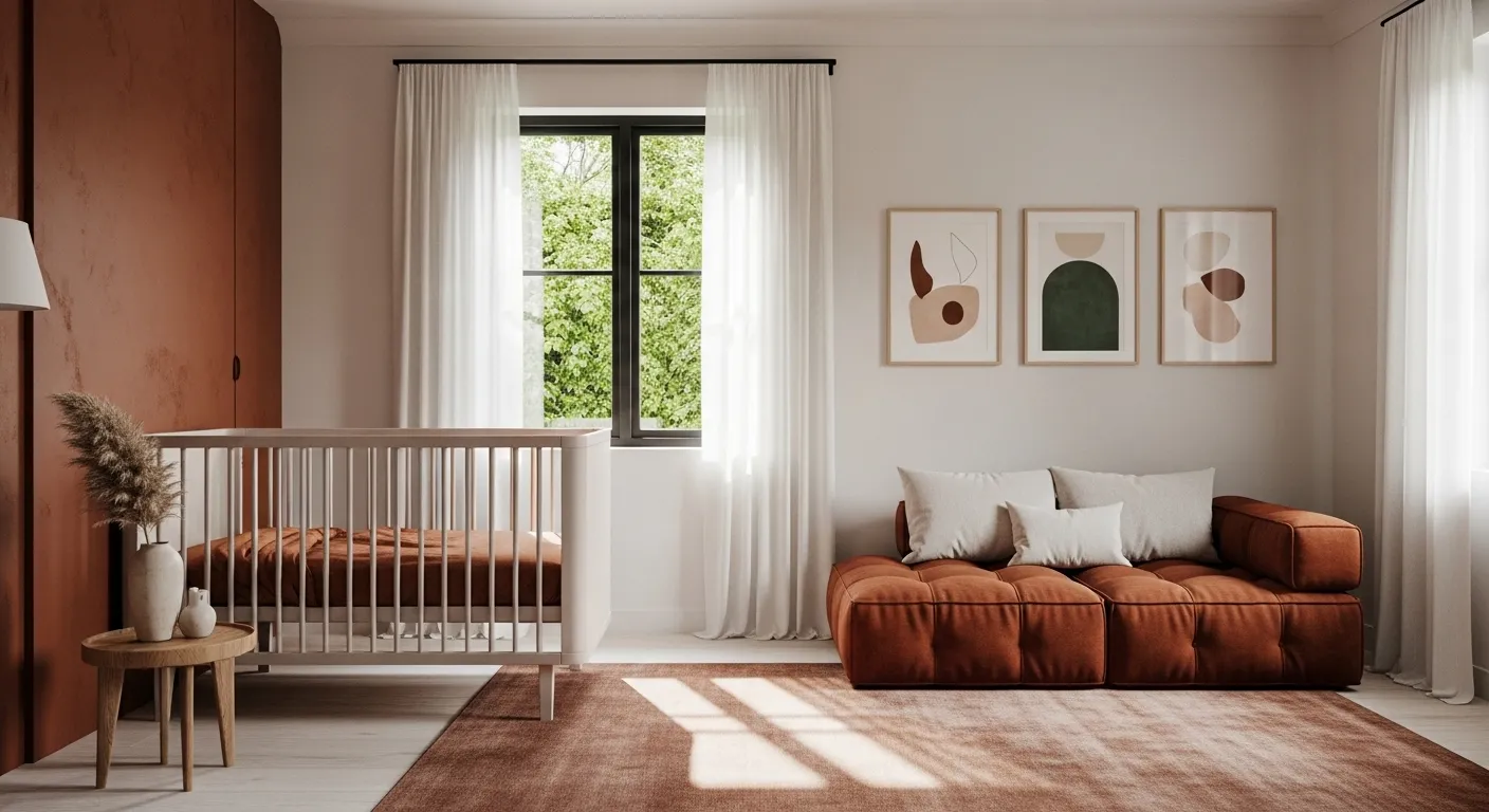 A serene minimalist nursery featuring rust colors, cozy furniture, and natural light, perfect for kids' rooms.