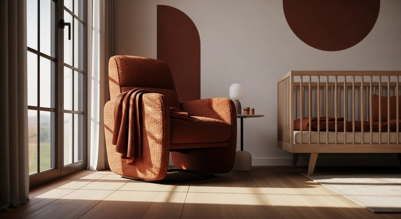 Minimalist nursery room with rust color palette, featuring a cozy chair and modern crib.