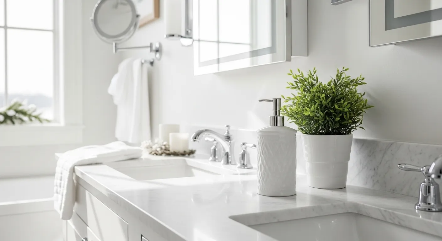 A modern bathroom featuring a white color palette, cozy decor, and stylish fixtures, perfect for winter vibes.