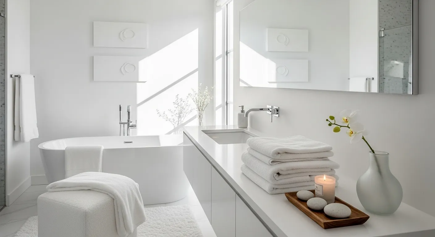 Modern white bathroom with cozy winter decor, featuring a bathtub, towels, and candles.