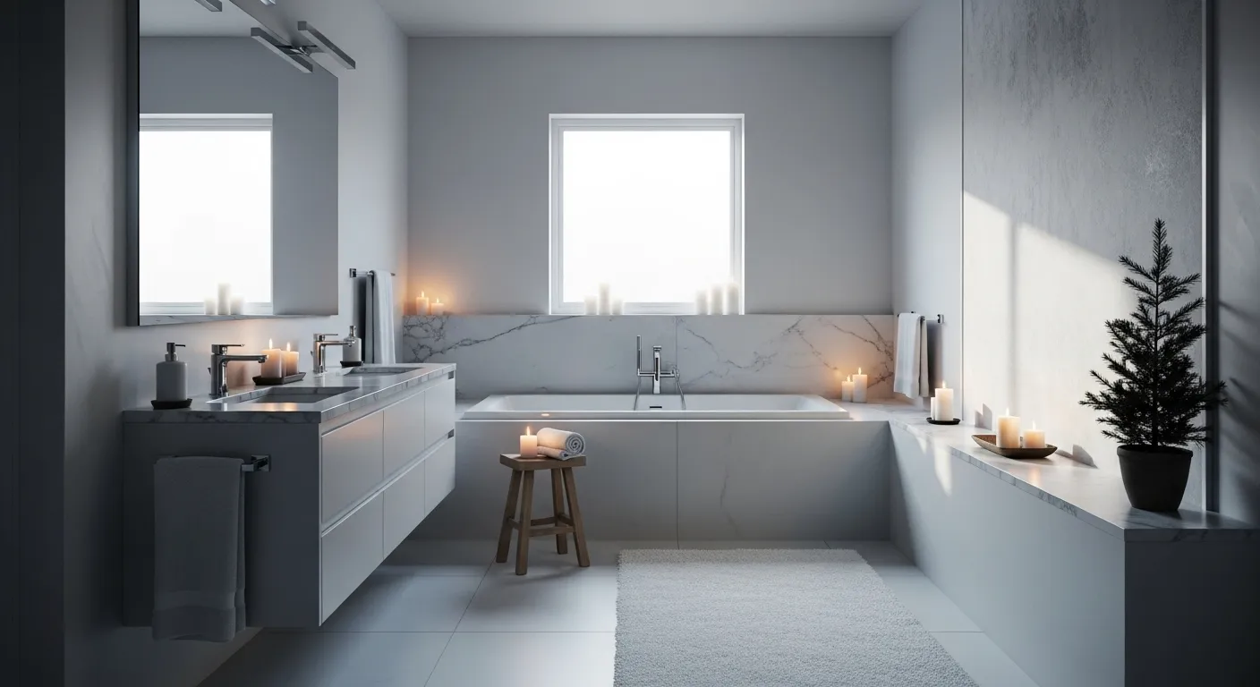 Modern bathroom design with white color palette, cozy winter decor and candles for relaxation.