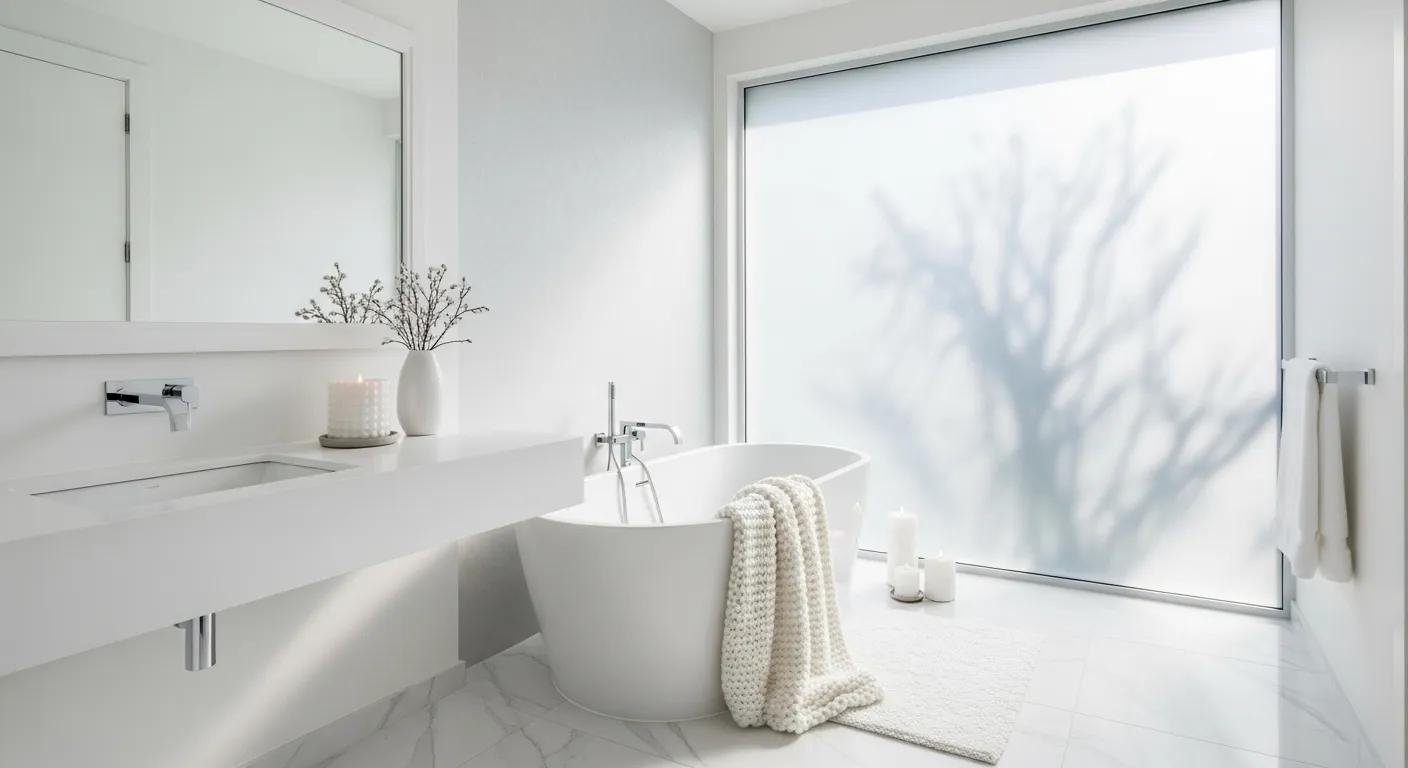 Modern white bathroom design with cozy winter touches and natural light.