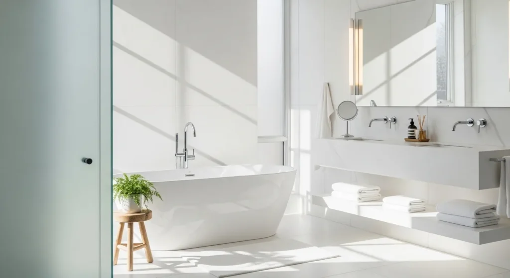Modern winter bathroom design with white color palette and cozy atmosphere.