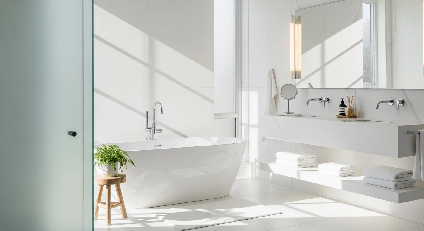 Modern winter bathroom design with white color palette and cozy atmosphere.