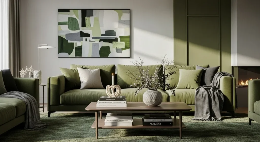 Modern living room decorated in cozy winter style with moss green accents and warm textures.