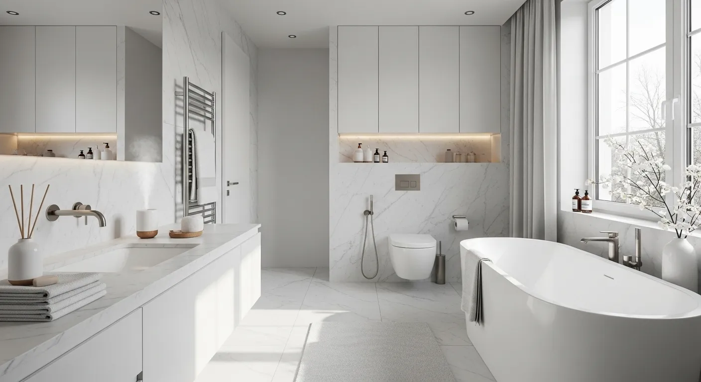Modern bathroom design in white with cozy winter decor, featuring a freestanding tub and elegant details.