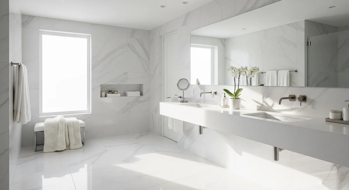 Modern bathroom design with white marble and cozy winter decor, perfect for a relaxing retreat.