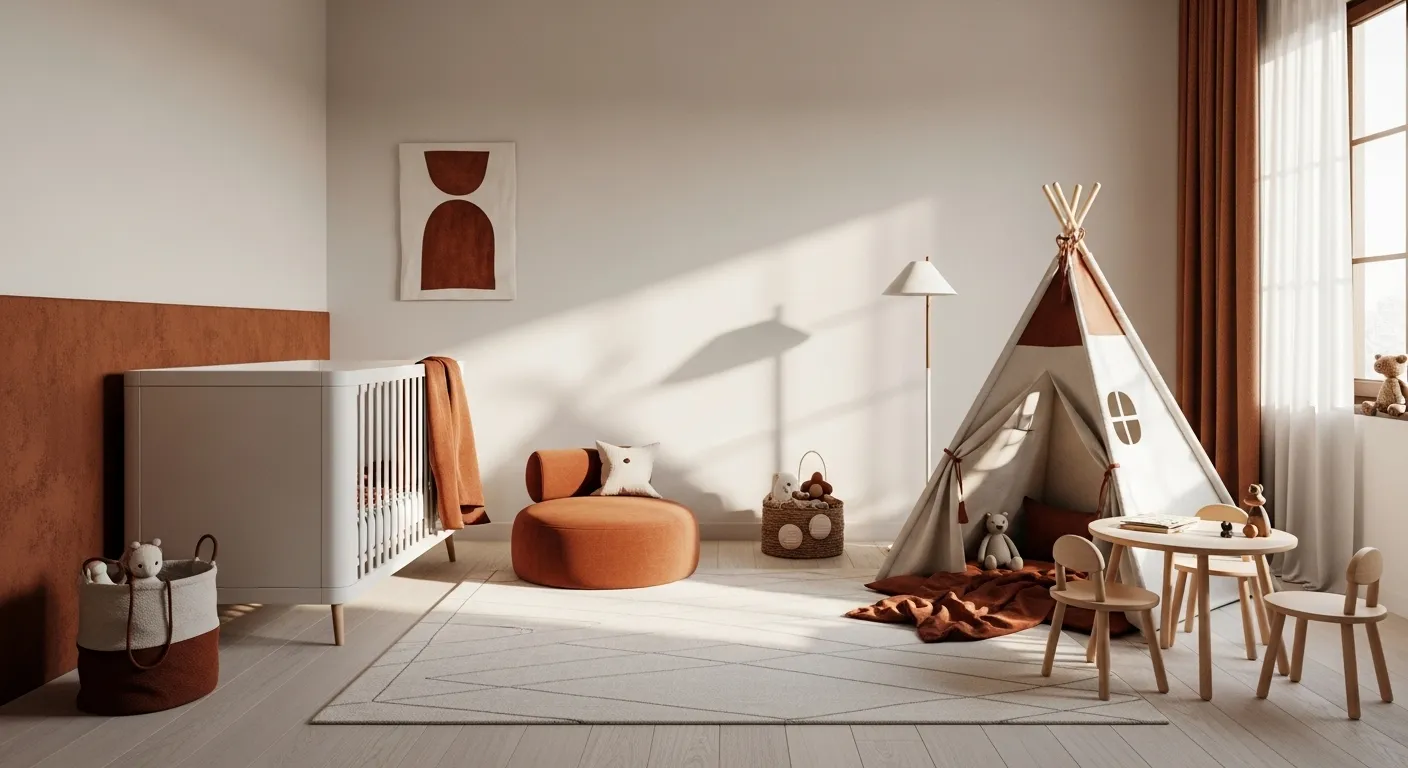 Minimalist nursery with rust color palette featuring crib, teepee, and playful decor.
