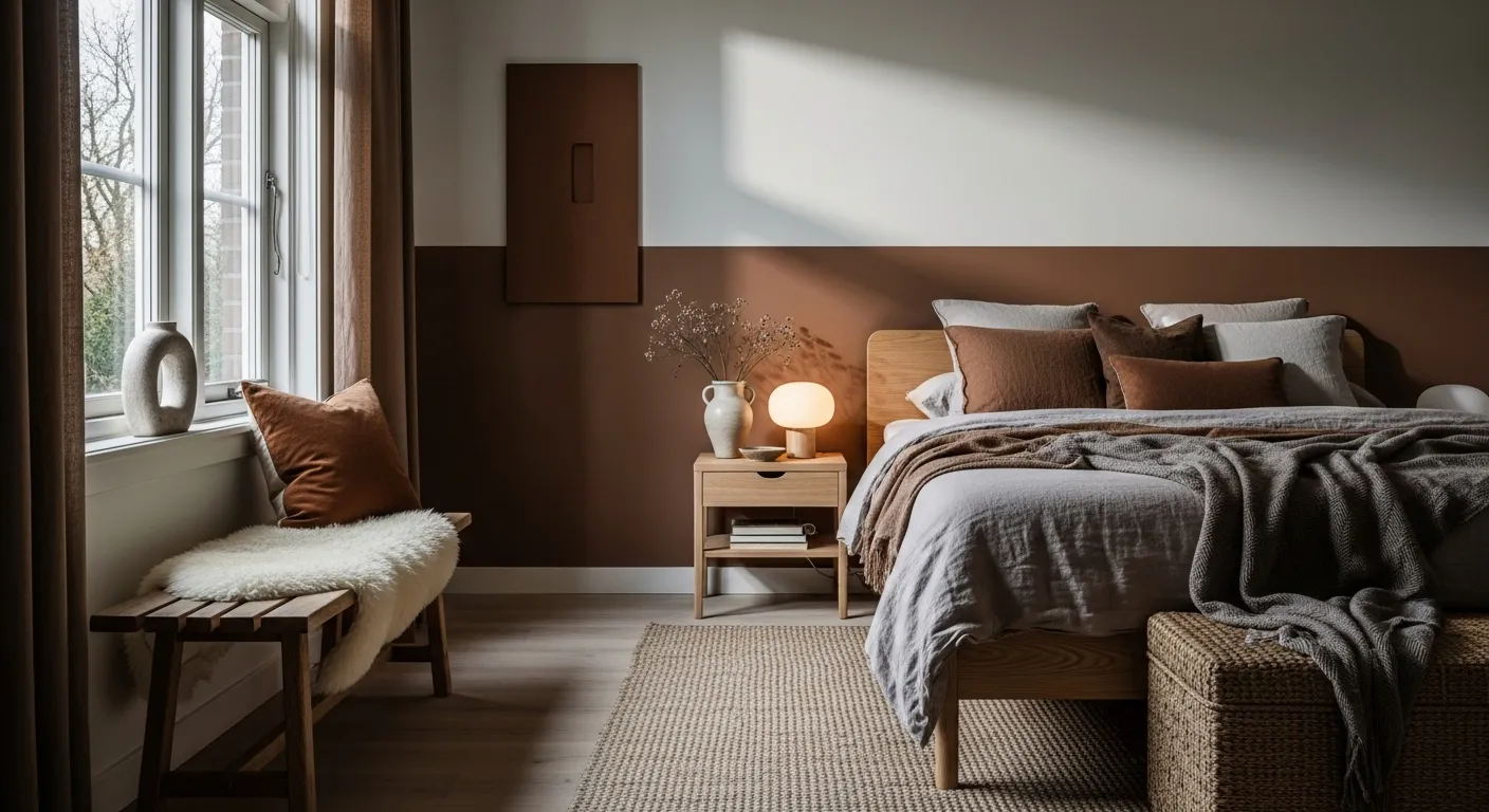 Scandi style bedroom featuring chocolate brown accents, cozy textures, and natural elements for a relaxed atmosphere.