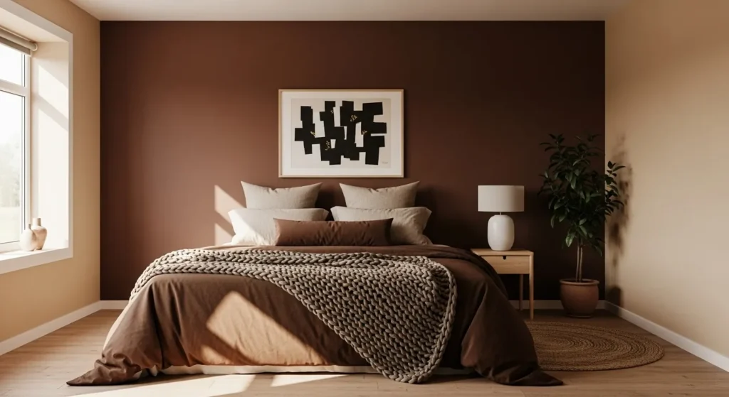 Stylish Scandi bedroom featuring chocolate brown accents and cozy textiles.