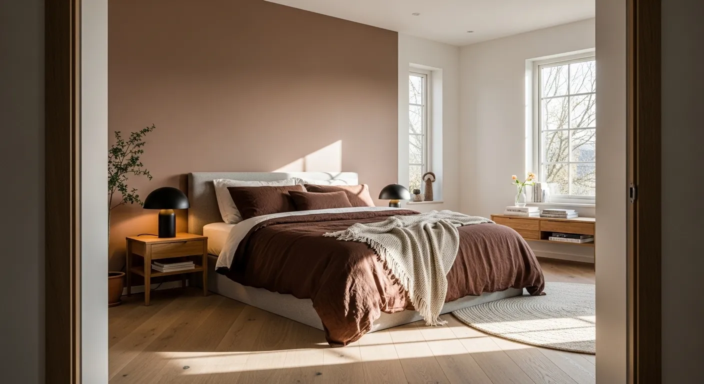 A cozy Scandi bedroom featuring chocolate brown decor, natural light, and minimalist design.