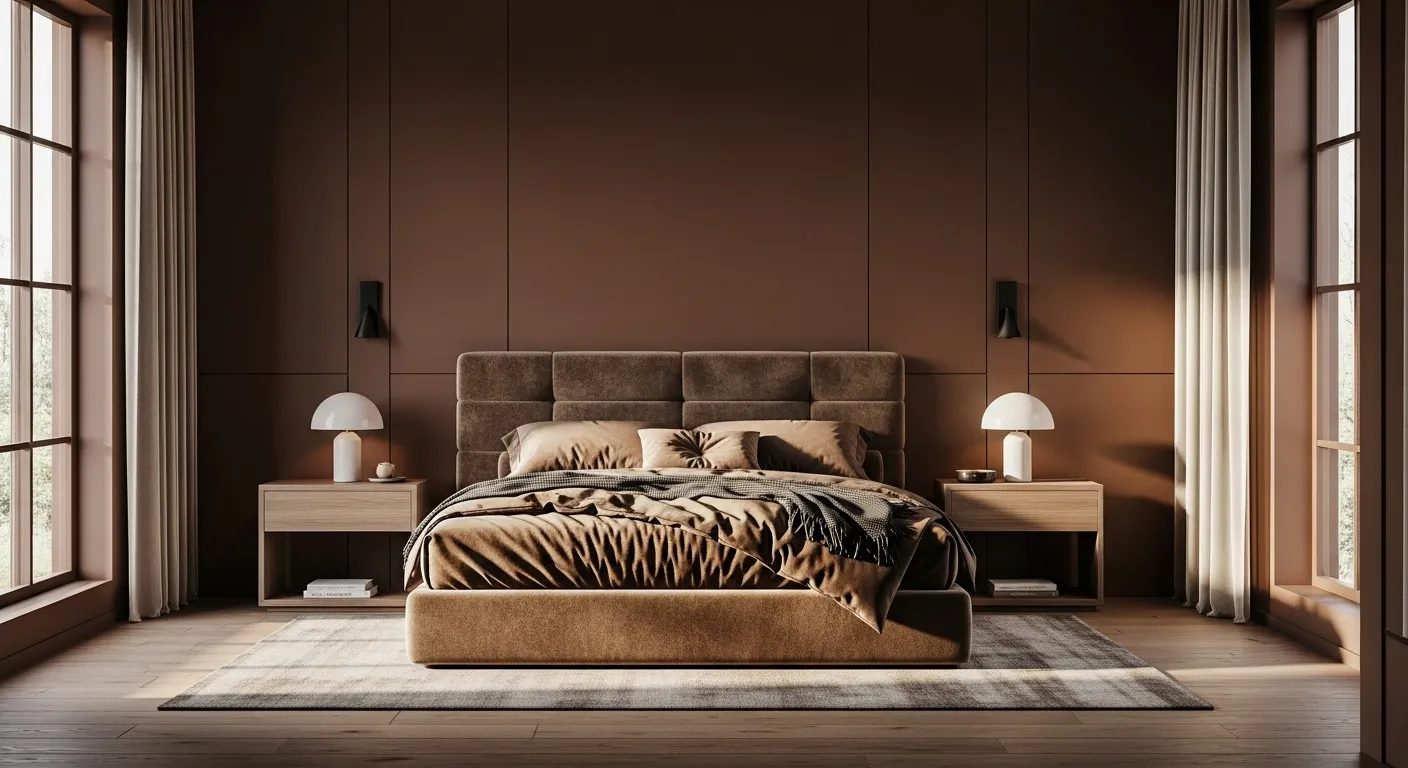 Stylish Scandinavian bedroom design featuring chocolate brown walls and furnishings, creating a warm atmosphere.