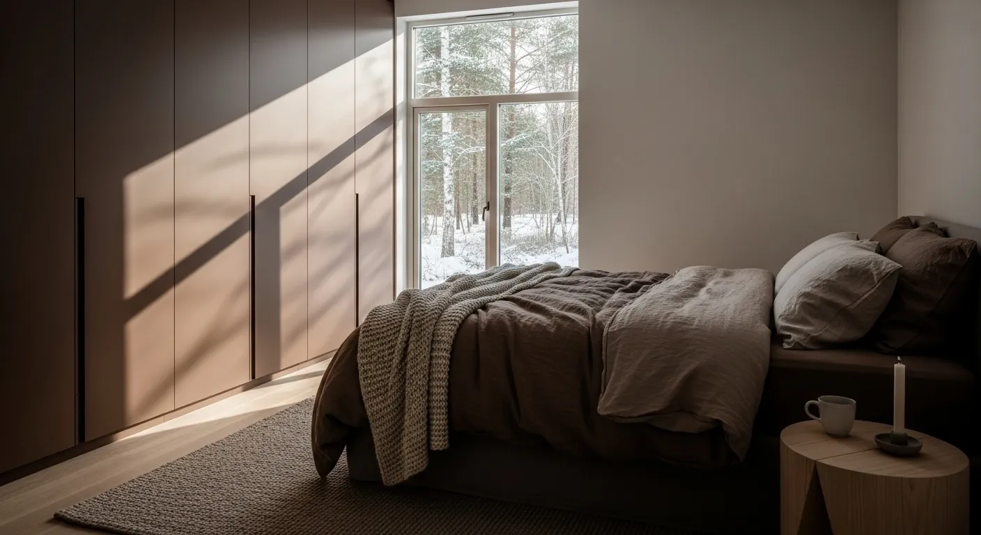 Stylish Scandi bedroom featuring chocolate brown decor and cozy textiles.