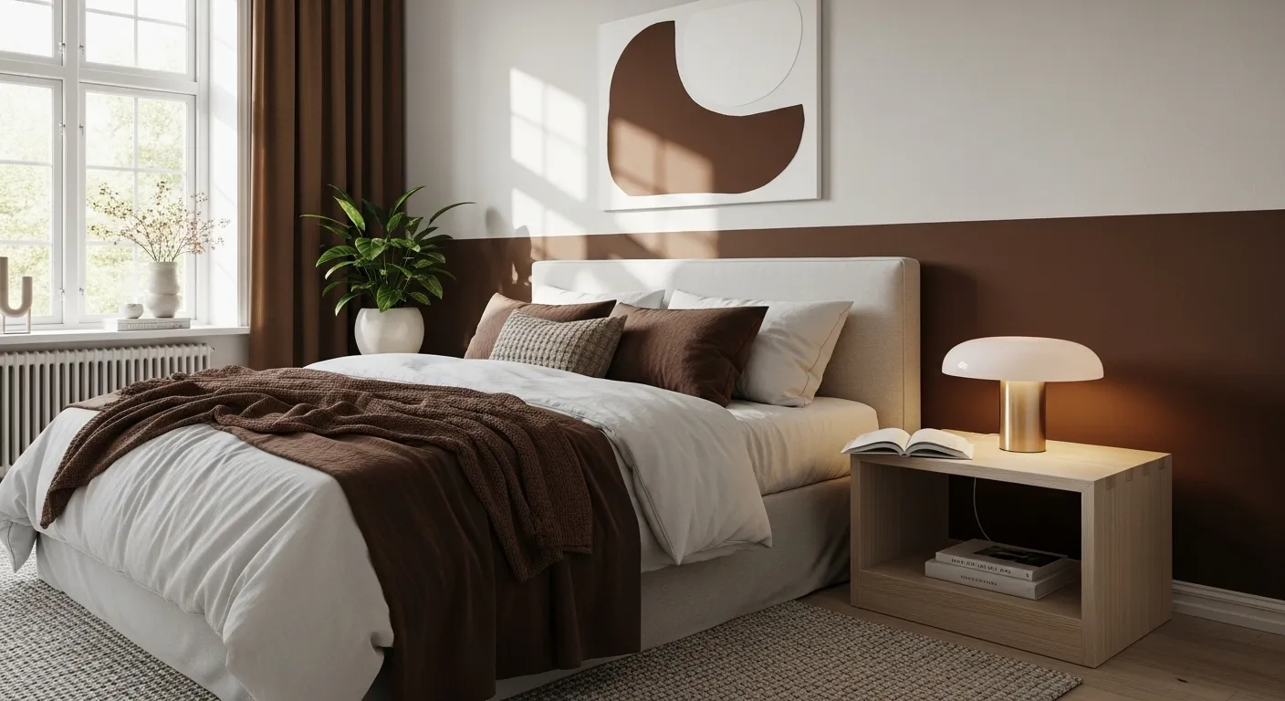 Scandi style bedroom with chocolate brown color palette, modern decor and cozy atmosphere.