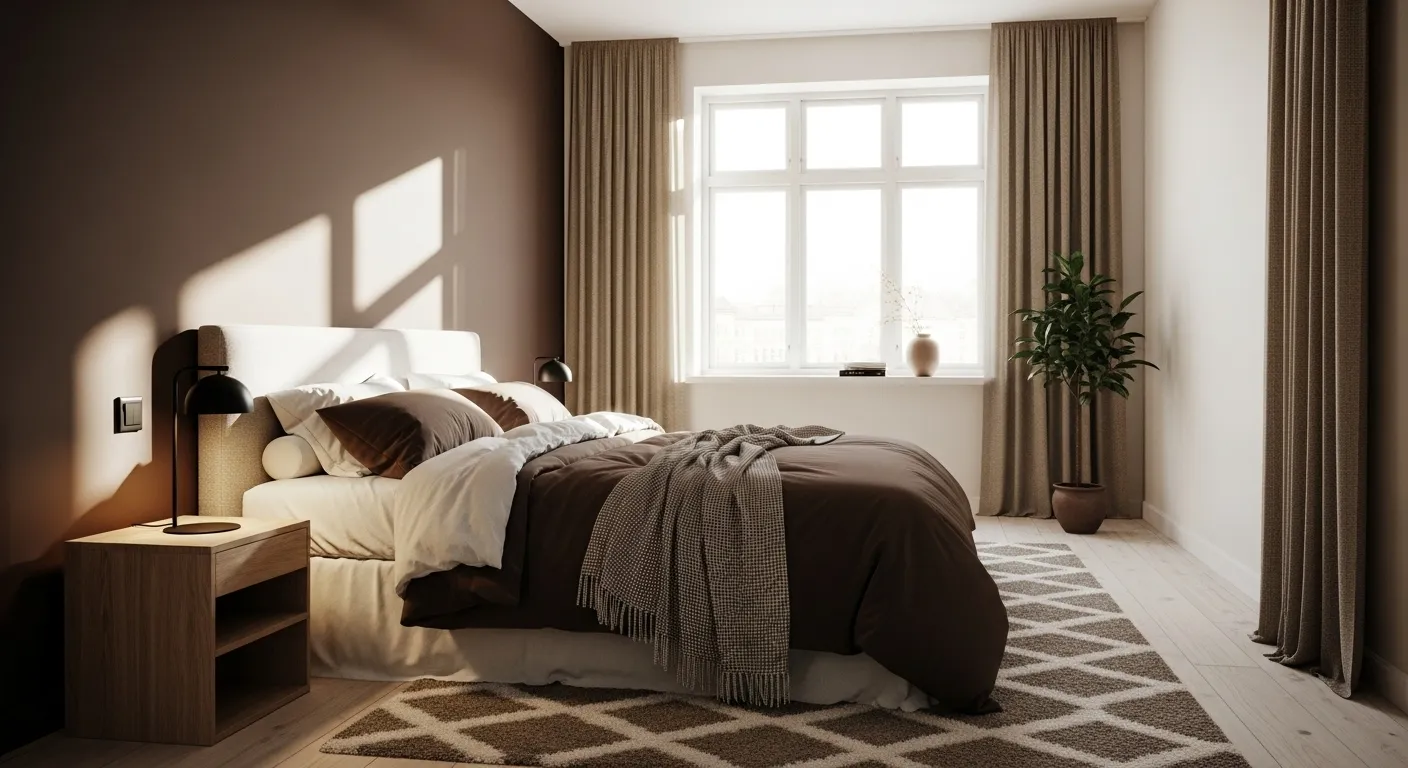 Scandi bedroom design featuring chocolate brown color palette, cozy bedding, and natural light.