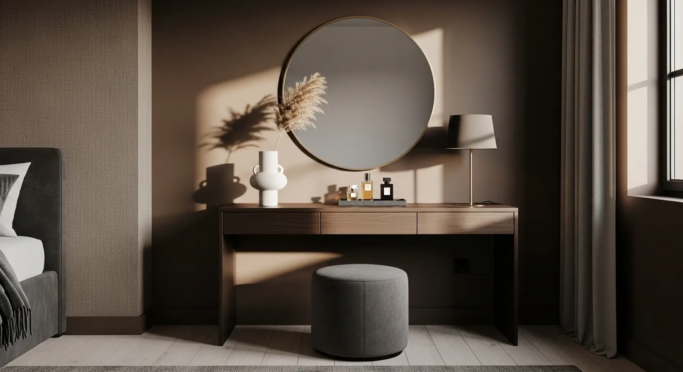 Stylish Scandi bedroom featuring chocolate brown tones and modern decor.