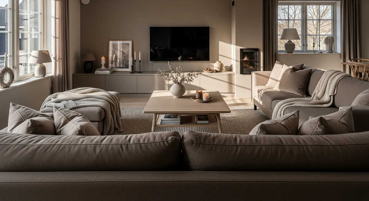 Stylish winter Scandi living room featuring taupe color palette and cozy decor.
