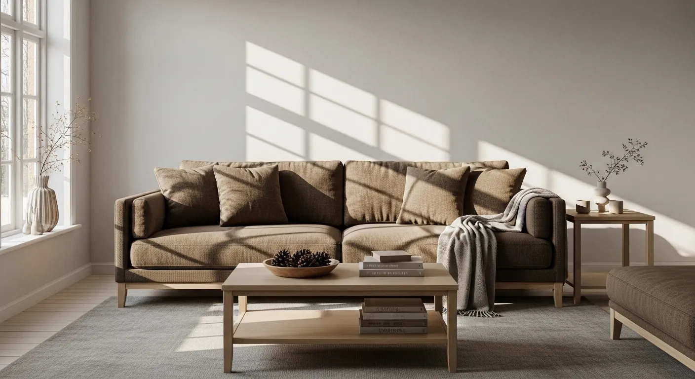 Warm taupe Scandinavian living room with cozy sofa and natural light.