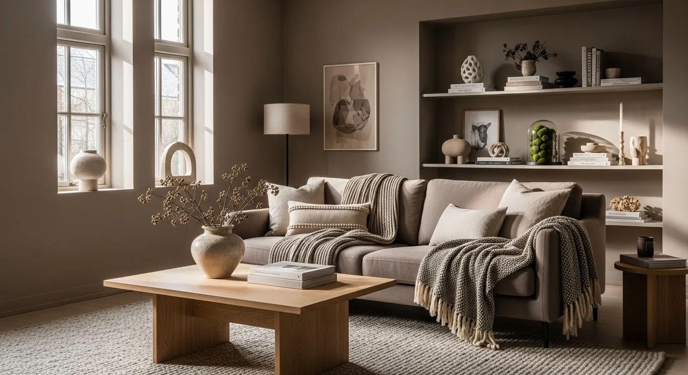 Scandinavian style living room in taupe tones, featuring a comfy sofa, warm textiles, and winter decor.