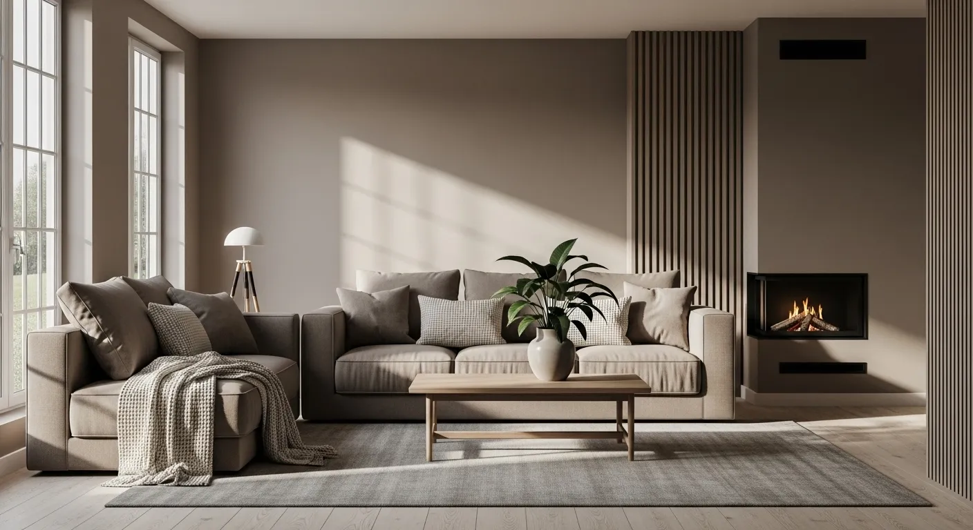 Scandi style living room in taupe colors with cozy decor for winter season.