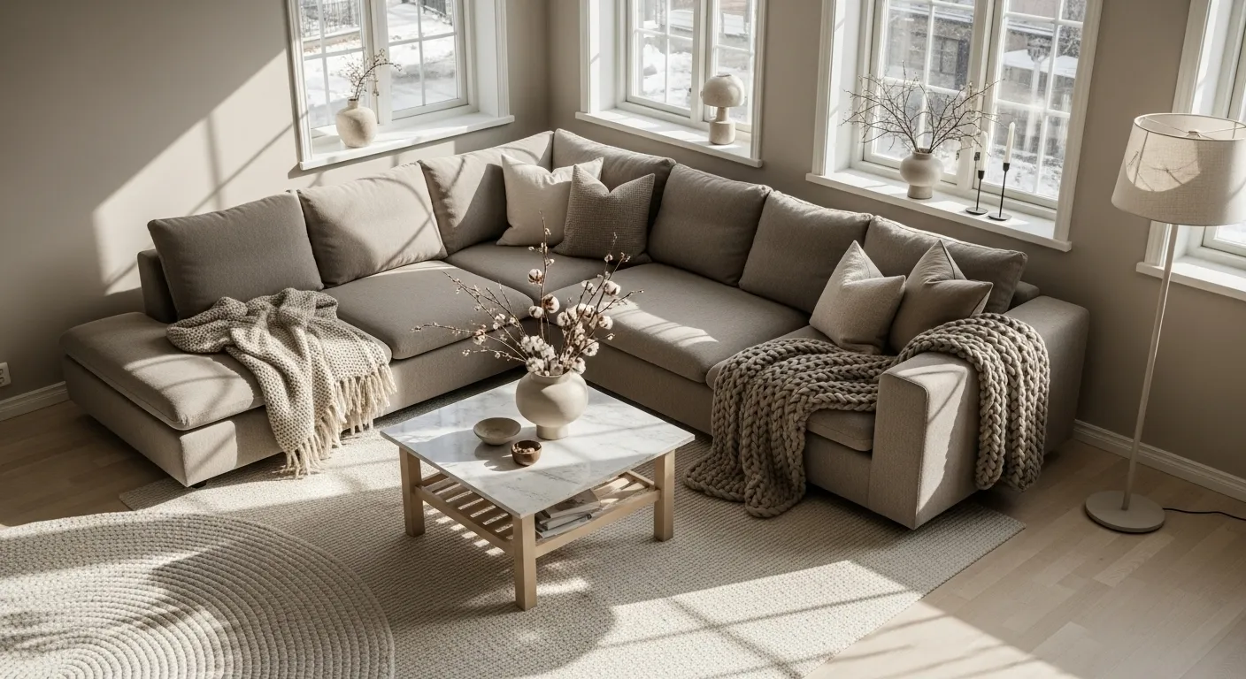 Winter cozy Scandi living room featuring a taupe sectional sofa and natural decor.