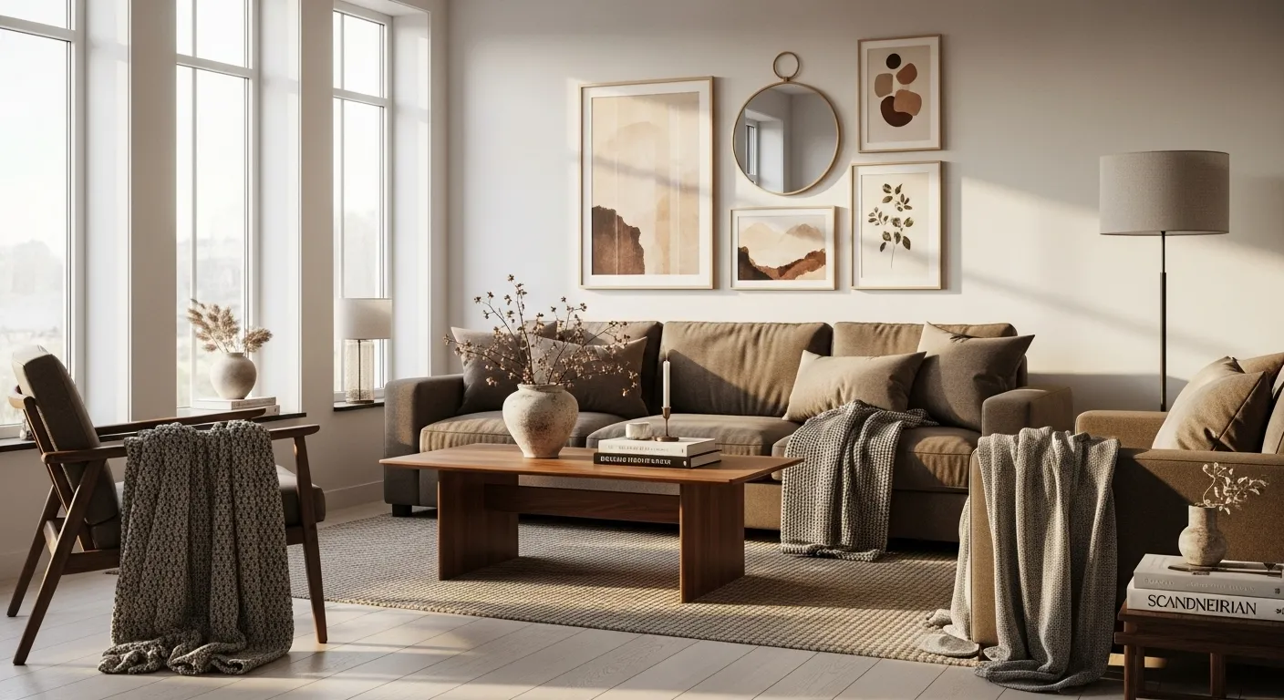 Scandinavian winter living room decor with taupe color palette and cozy textures.