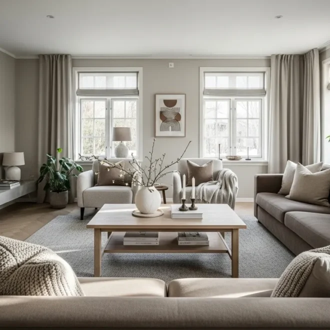 Stylish Scandi living room with taupe accents, winter decor, and cozy atmosphere.