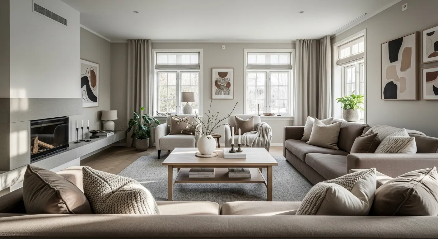 Stylish Scandi living room with taupe accents, winter decor, and cozy atmosphere.