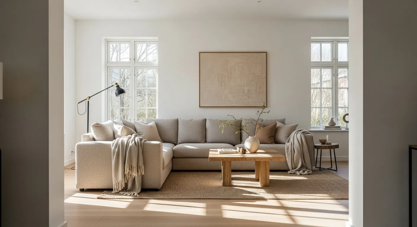Stylish Scandi living room featuring beige tones, natural light, and minimalistic decor.