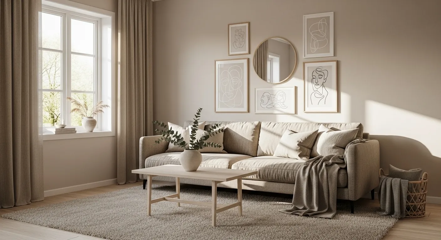 A serene Scandi living room featuring beige tones, soft textures, and minimalist decor.