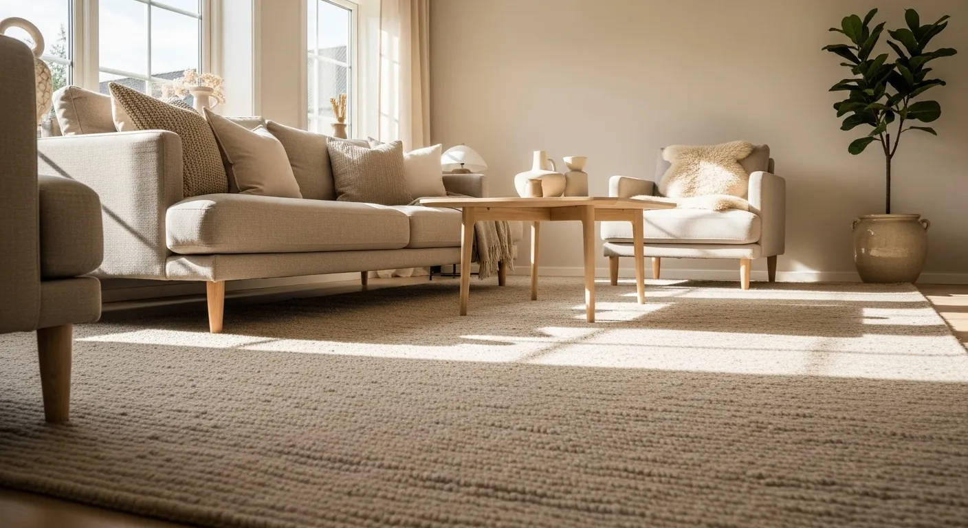 Scandi style living room with beige furniture and decor, featuring natural light and a relaxed atmosphere.