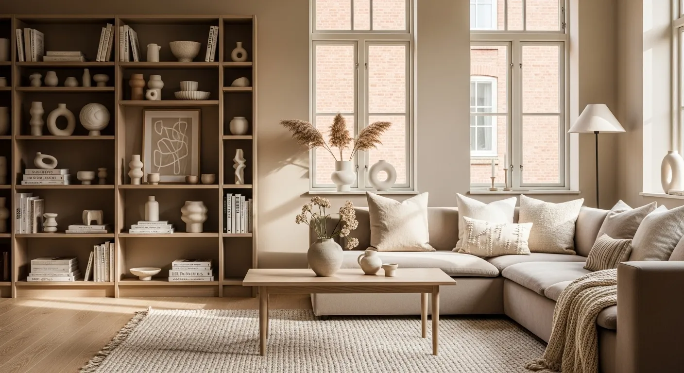 Scandinavian style living room with beige color palette, cozy furnishings, and natural light.