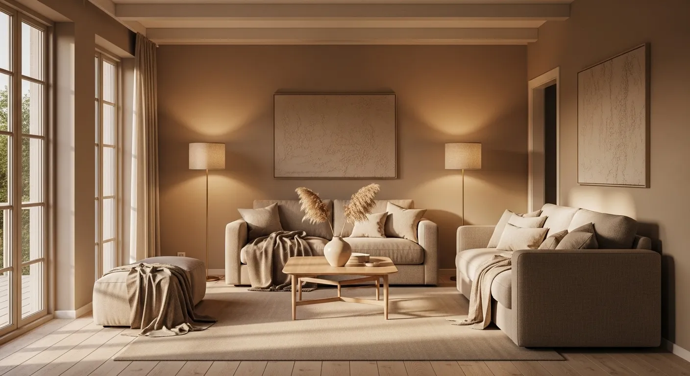 Scandi-style living room with beige tones, soft furniture, and natural light