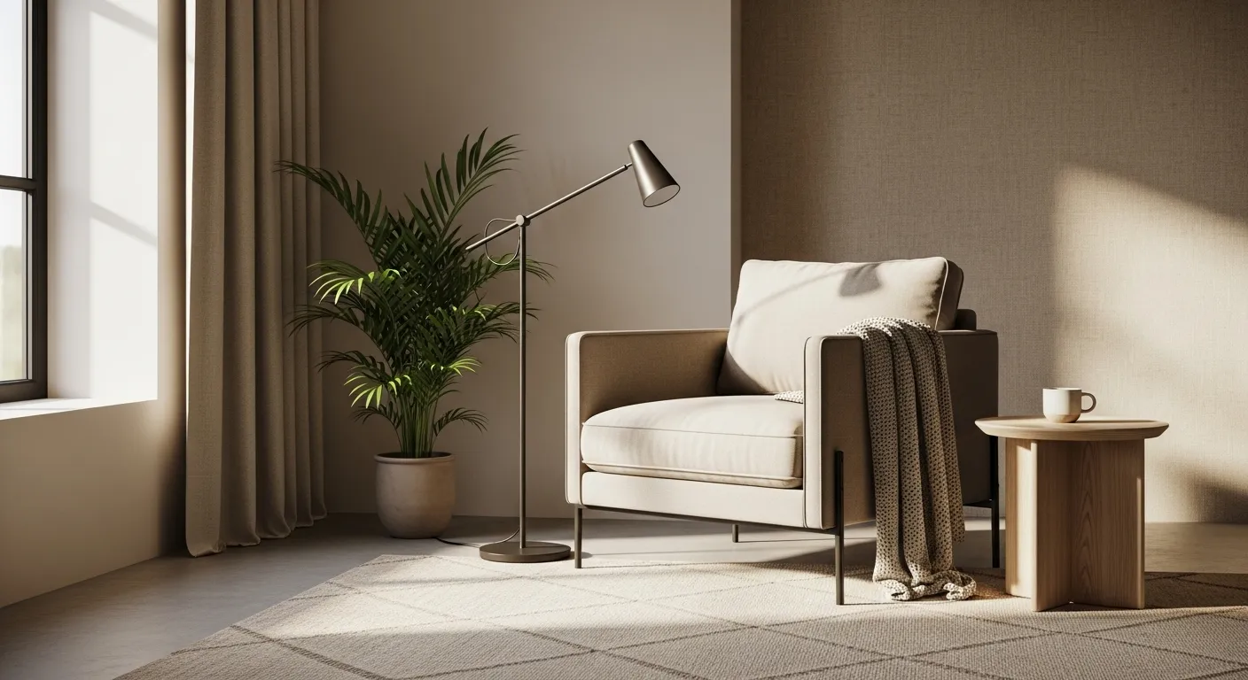 Stylish Scandi living room with beige tones, plant, and cozy chair.