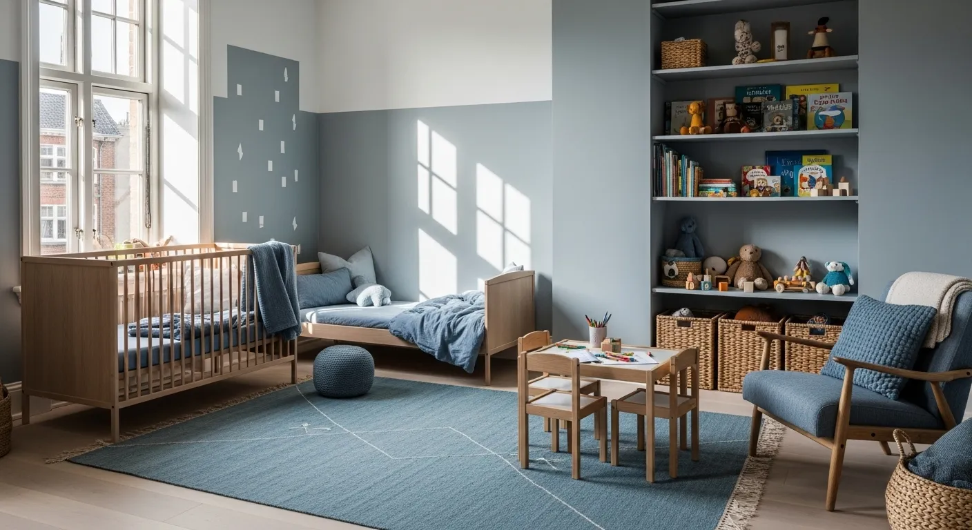 Stylish Scandi nursery with dusty blue walls, cozy crib, and playful decor.