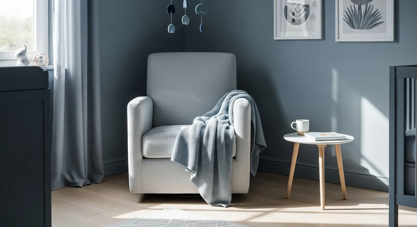 Scandi-style nursery with dusty blue walls, comfy chair, and playful decor.