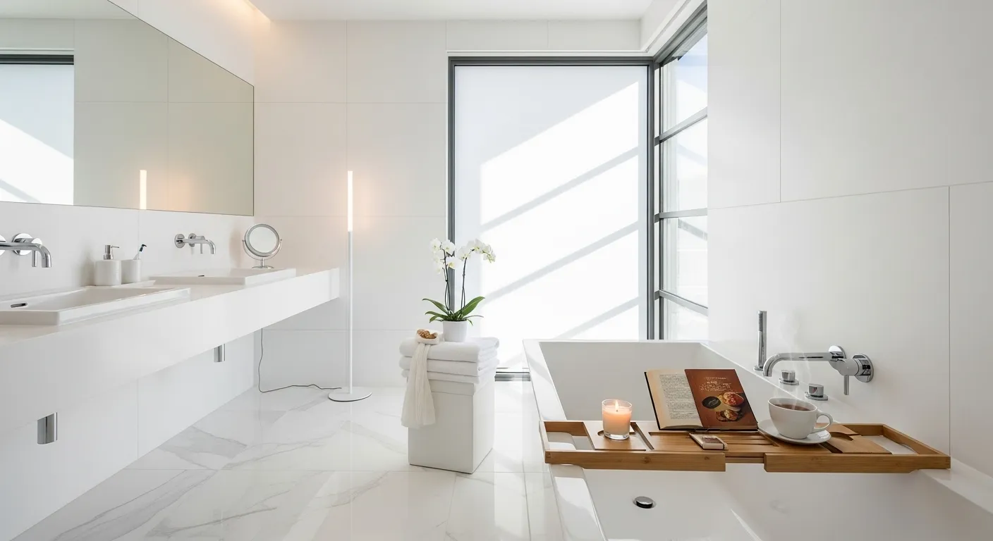 Modern white bathroom with cozy winter decor, featuring a bathtub, candles, and greenery.