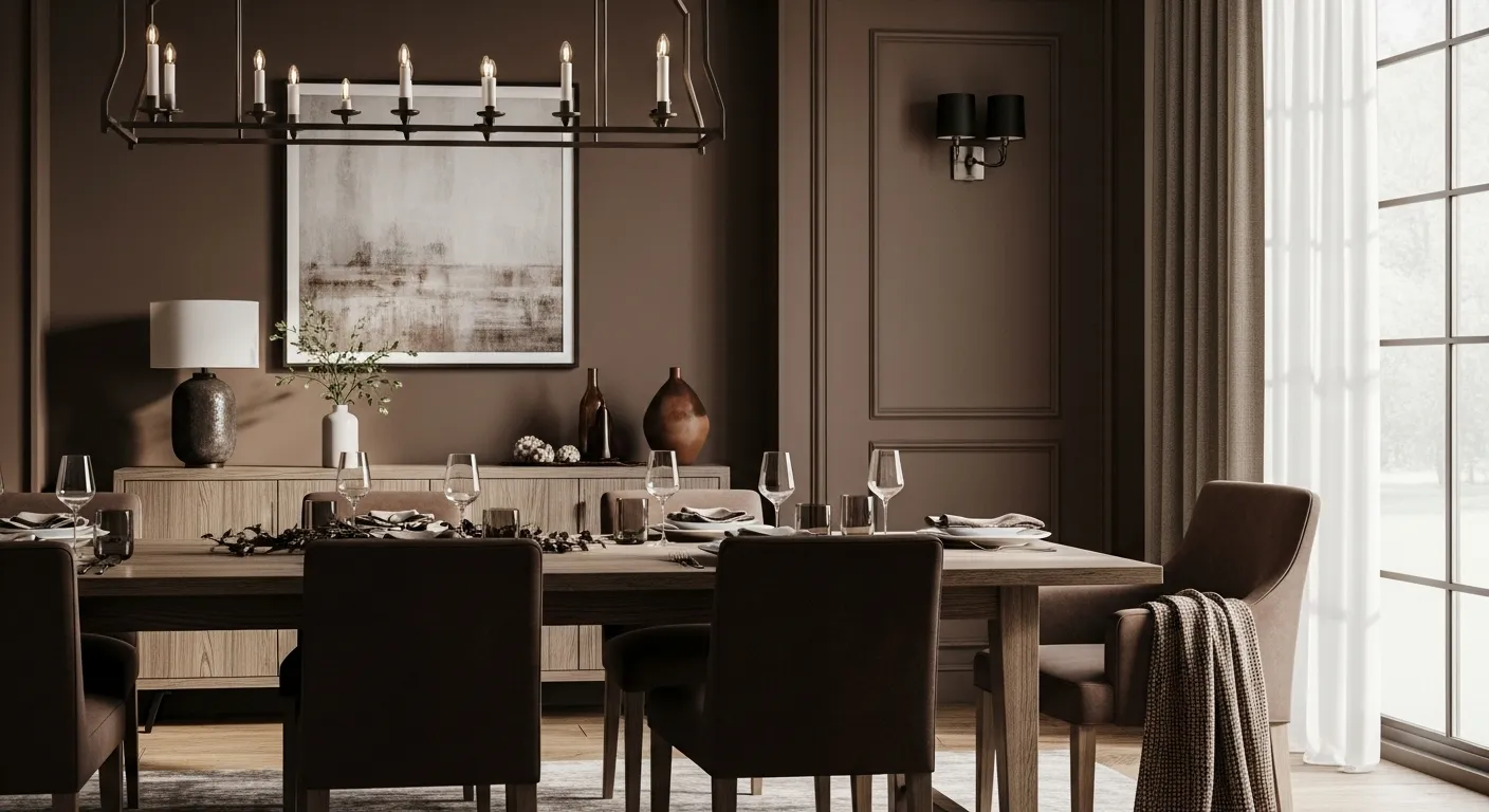 Warm farmhouse dining room styled for winter with chocolate brown color palette and cozy decor