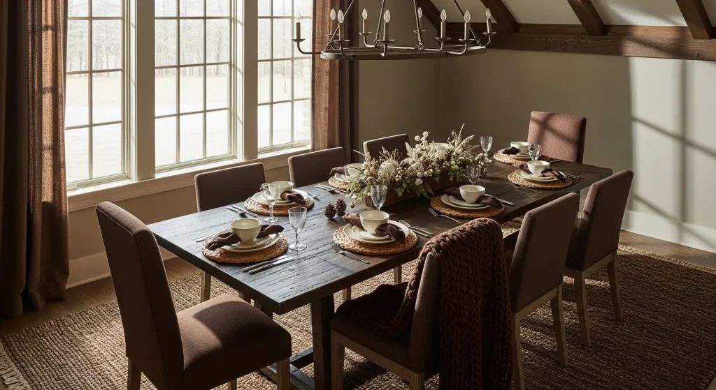 Warm chocolate brown farmhouse dining room decor for winter with elegant table setting and cozy accents.