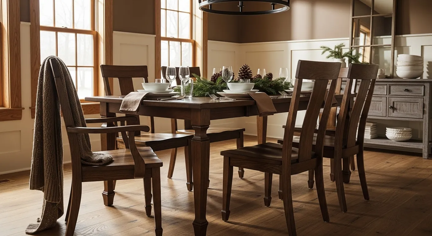 Warm winter farmhouse dining room with chocolate brown accents and cozy decor