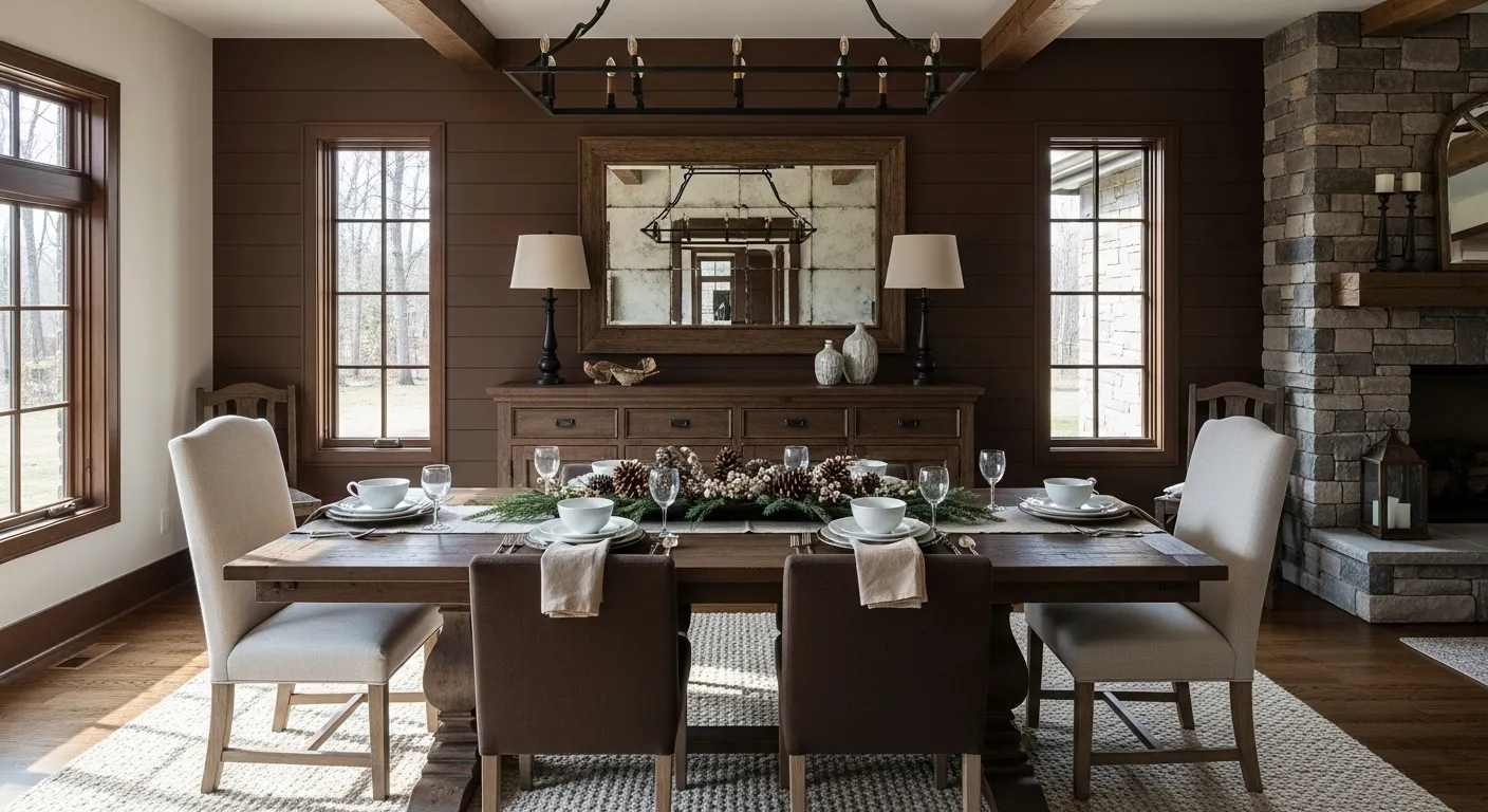 Winter cozy farmhouse dining room with chocolate brown accents and rustic decor.