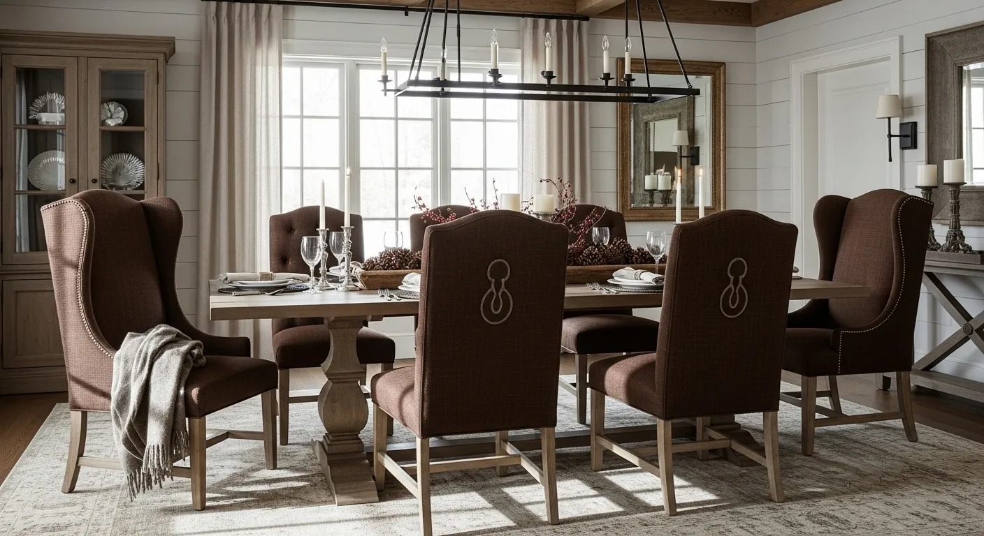Winter farmhouse dining room with chocolate brown chairs and rustic decor.