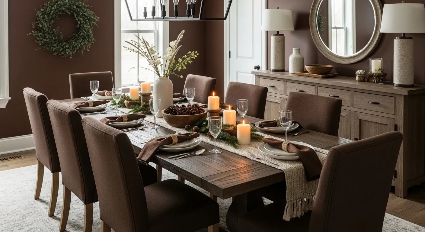 Winter farmhouse dining room with chocolate brown decor and cozy atmosphere.