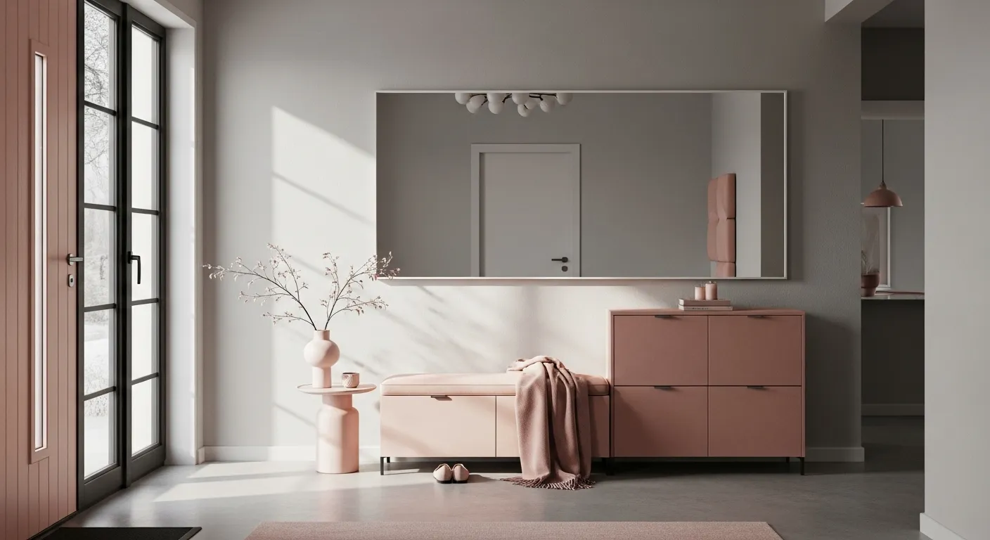 Minimalist entryway with blush tones and cozy winter decor