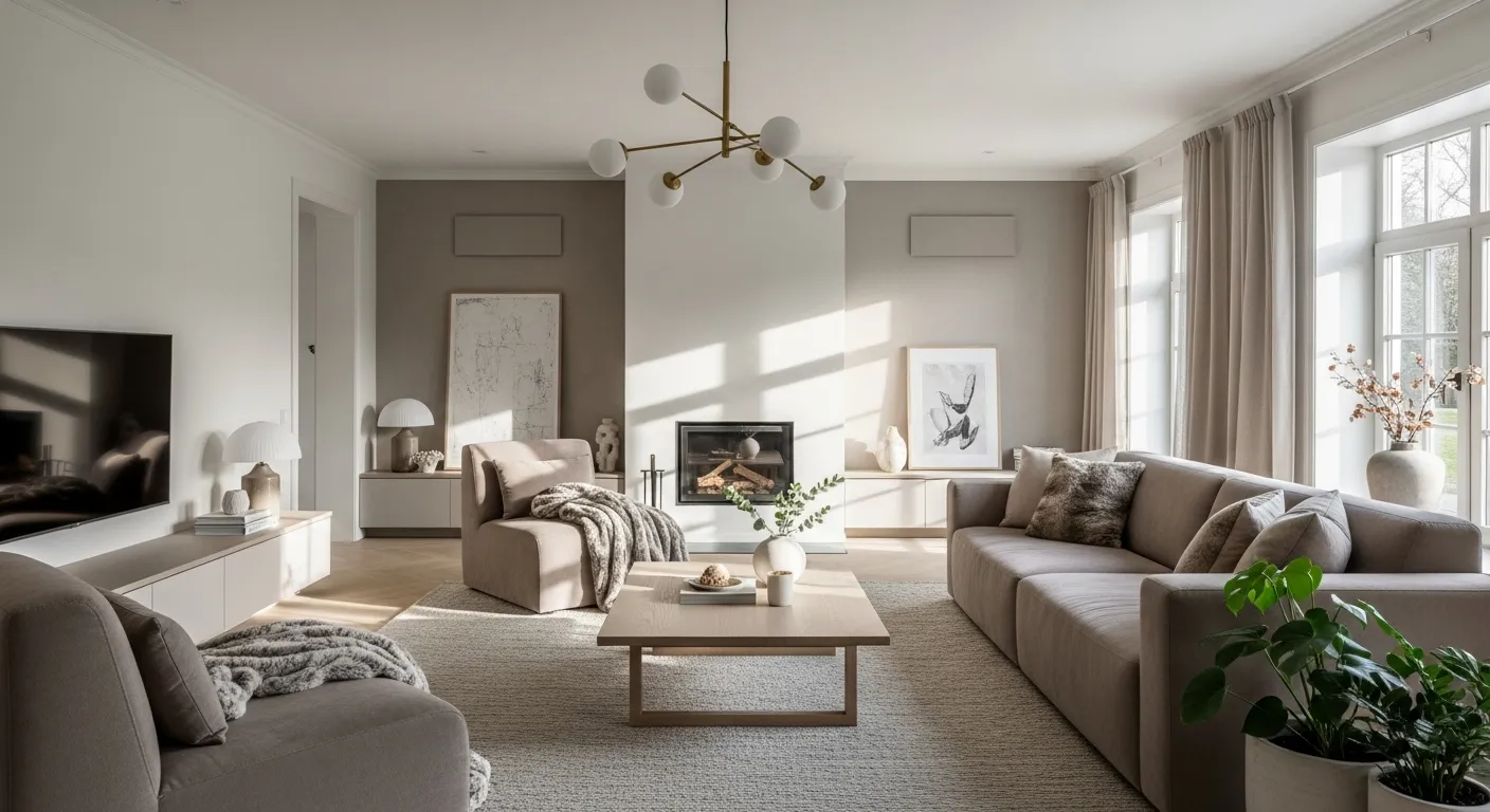 Warm and cozy Scandi winter living room with taupe color palette and modern decor