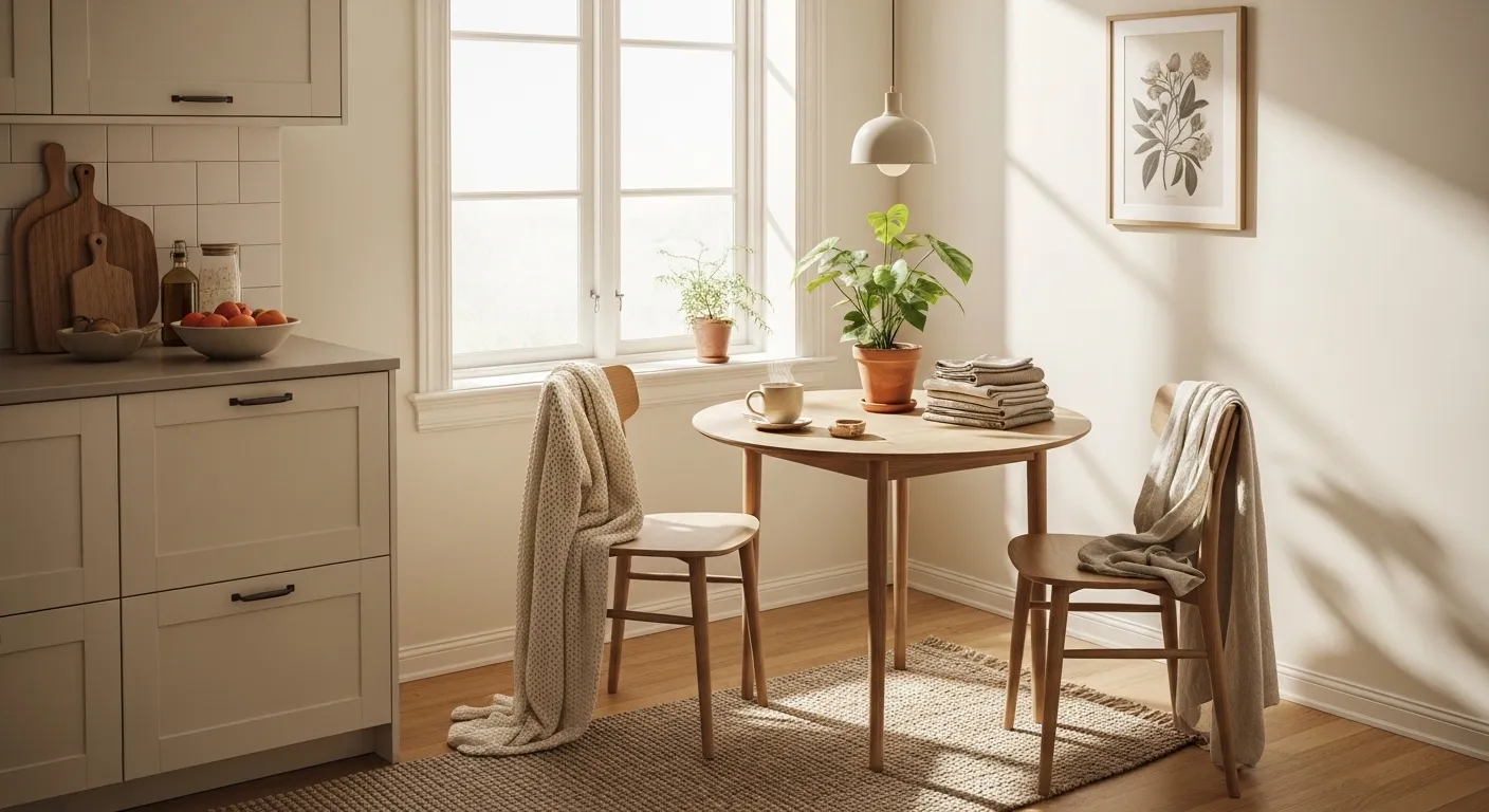 Cream Scandi kitchen nook with round table, plants, and soft sunlight