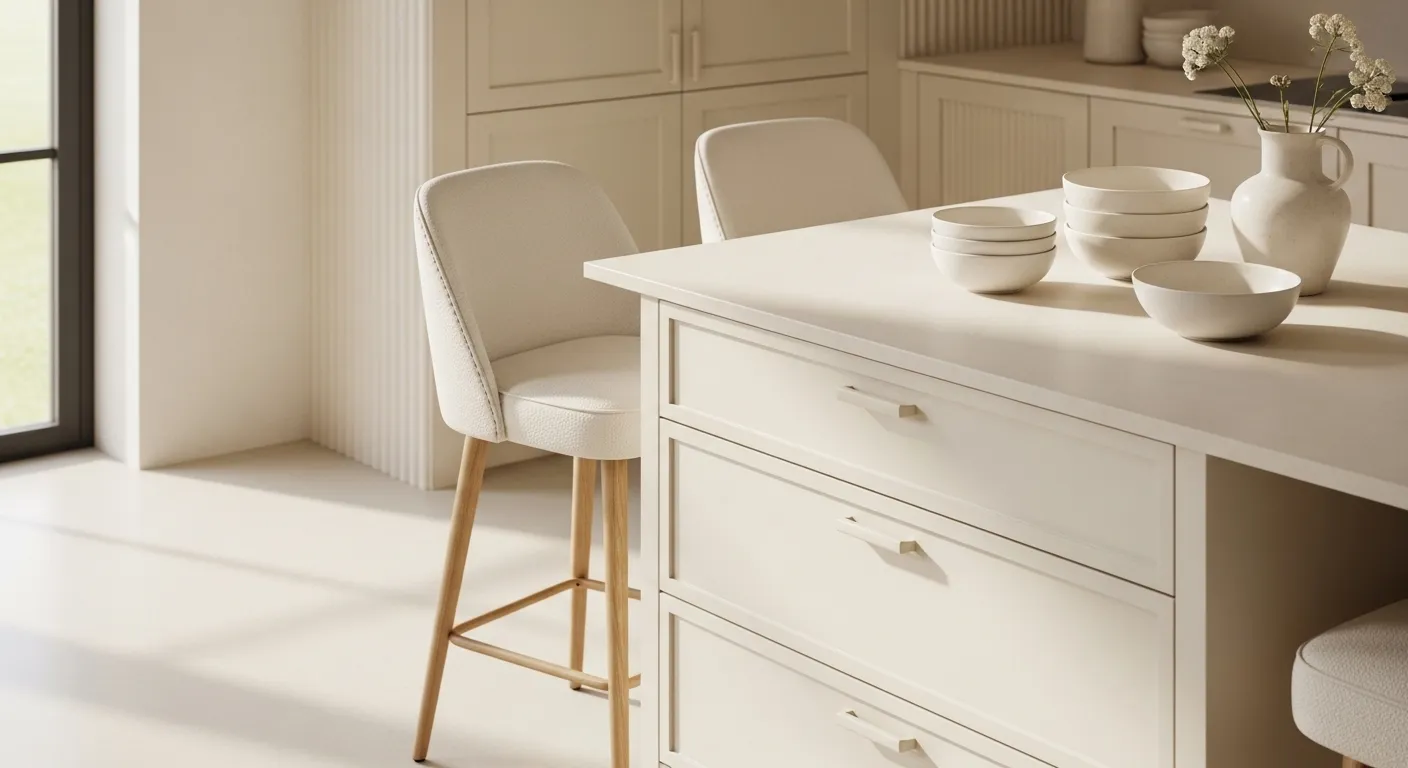 Cream Scandi kitchen island with upholstered barstools, minimal ceramics, soft sunlight